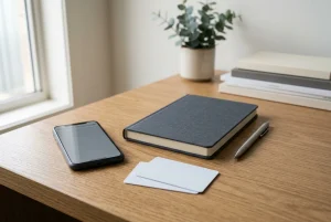Blank identification-card silhouettes, a closed notebook and an unbranded mobile browser on a neutral desk