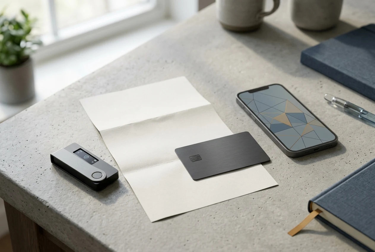 Unbranded bank card, folded blank bank statement, generic hardware wallet and smartphone with an abstract geometric pattern on a desk