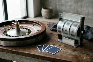Unbranded roulette wheel, neutral card layouts and a stylised digital reel on a softly lit table