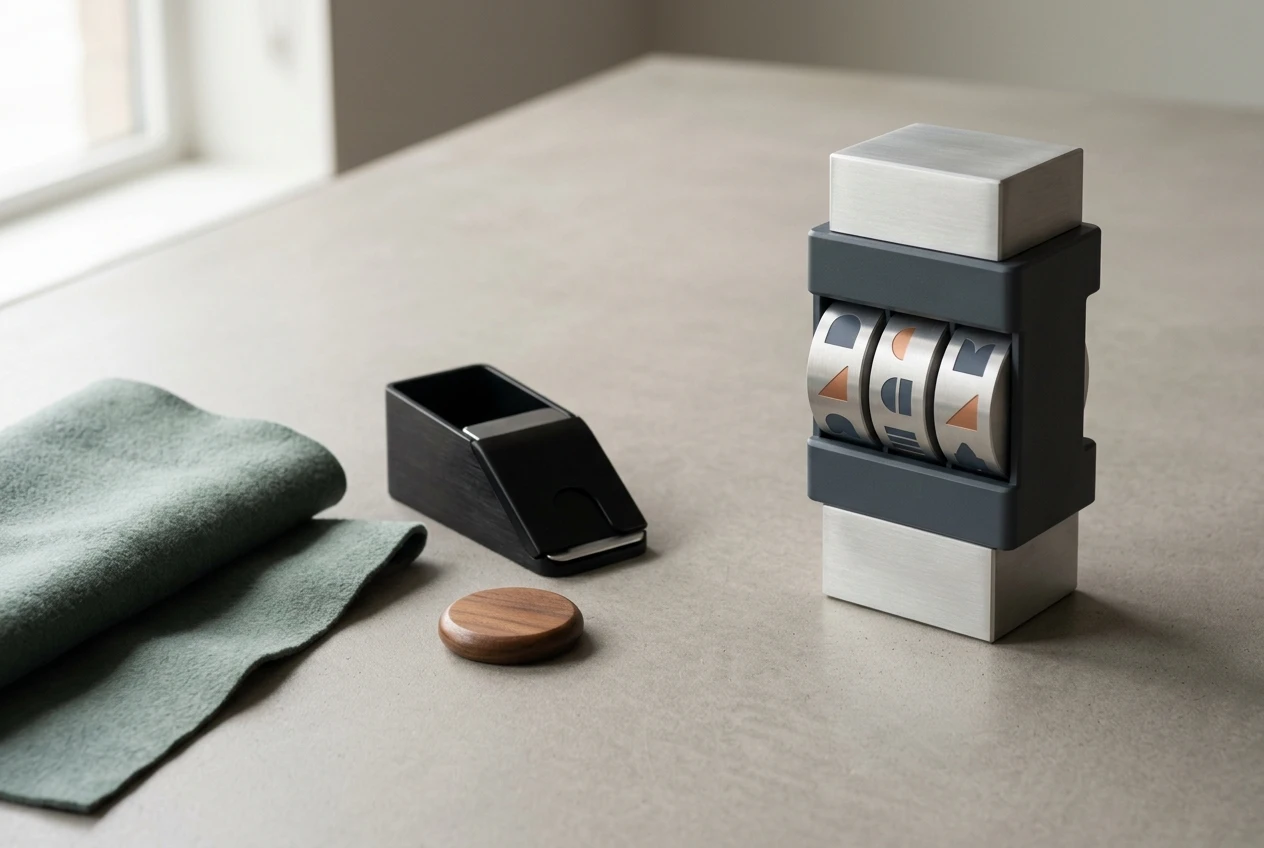 Neutral tabletop with an abstract slot-reel device and unbranded live-table accessories