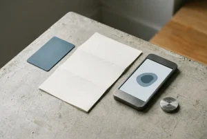 Unbranded bank card, folded blank bank statement, smartphone with an abstract digital-wallet shape and a neutral metal token representing digital assets