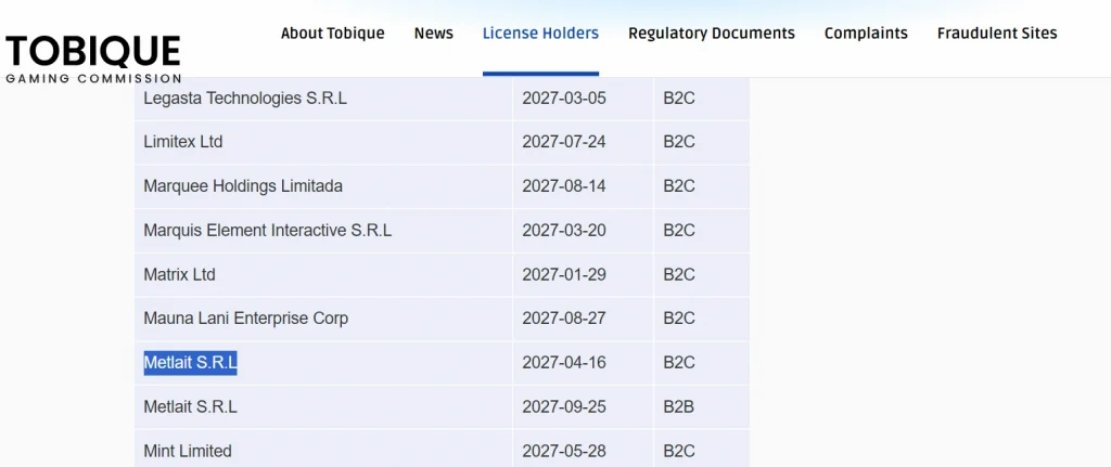 Cropped official Tobique Gaming Commission licence-holder register row for Metlait S.R.L., showing B2C status and expiry date 2027-04-16