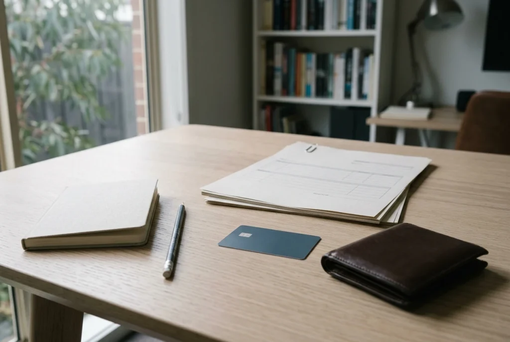 Plain bank-transfer paperwork beside an unbranded card, a closed wallet and a notebook on a timber desk