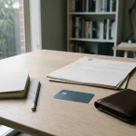 Plain bank-transfer paperwork beside an unbranded card, a closed wallet and a notebook on a timber desk